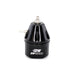 DeatschWerks DWR2000 black adjustable fuel pressure regulator for automotive engines, shown in close-up.