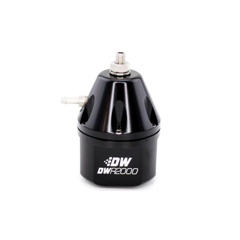 DeatschWerks DWR2000 black adjustable fuel pressure regulator for automotive engines, shown in close-up.