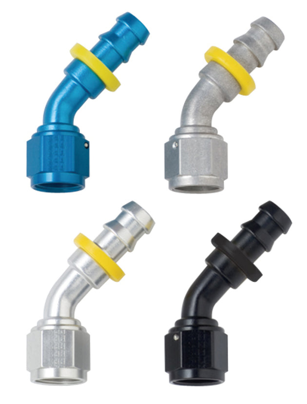 Fragola -6AN Push-Lite End 45 Degree black fitting showing a 45-degree angled black aluminum fitting for fuel or oil lines.