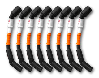 Kooks 10mm orange spark plug wire set with black boots for high-performance engine ignition system.