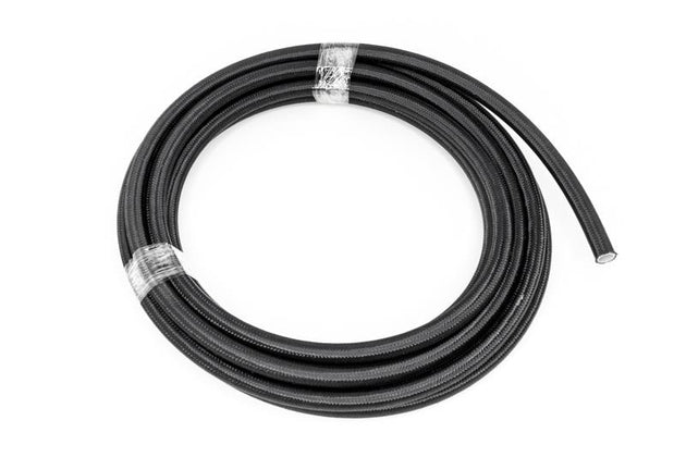DeatschWerks 8AN black nylon braided PTFE hose, 20 feet long, durable fuel or oil line with high-quality braided design.