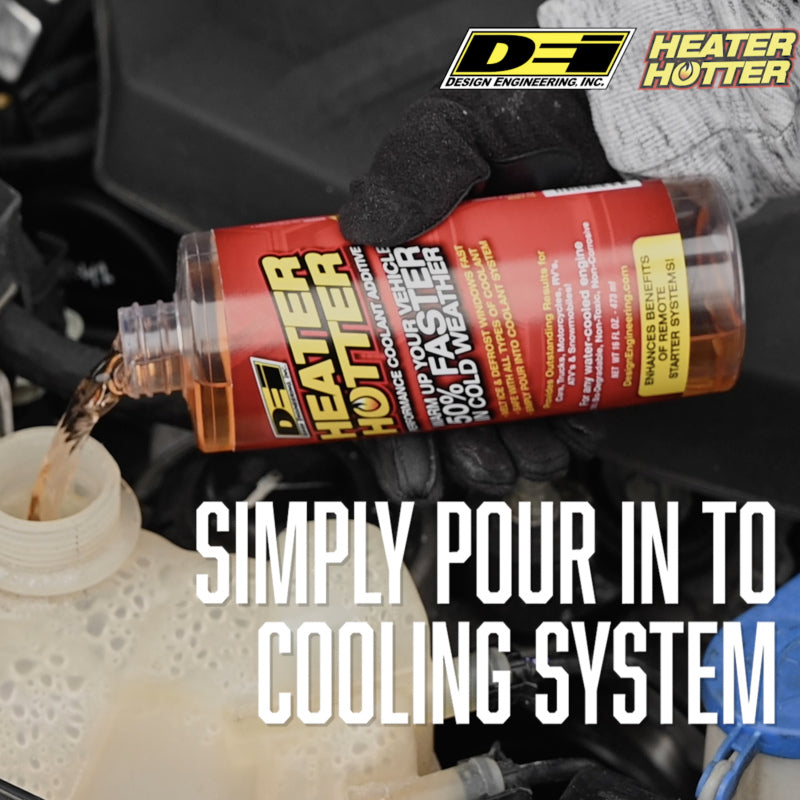 DEI Radiator Relief Heater Hotter 16oz coolant bottle showing the orange coolant liquid inside a clear container.