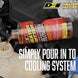 DEI Radiator Relief Heater Hotter 16oz coolant bottle showing the orange coolant liquid inside a clear container.