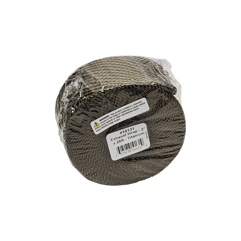 DEI Titanium Exhaust Wrap 2in x 25ft, heat-resistant wrap shown wrapped around automotive exhaust pipes for heat management.