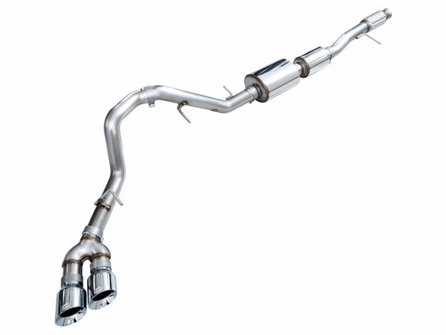 AWE Tuning 2021+ GMC Tahoe/Yukon 5.3L catback exhaust with chrome silver tips, showing the side exit design and polished finish.