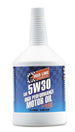 Red Line 5W30 motor oil quart bottle with red and black label, showcasing the container and branding for automotive use.