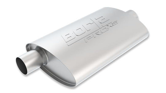 Borla ProXS muffler with 2.25-inch inlet and outlet, oval shape, center/offset design, 14x4x9.5 inches, stainless steel construction