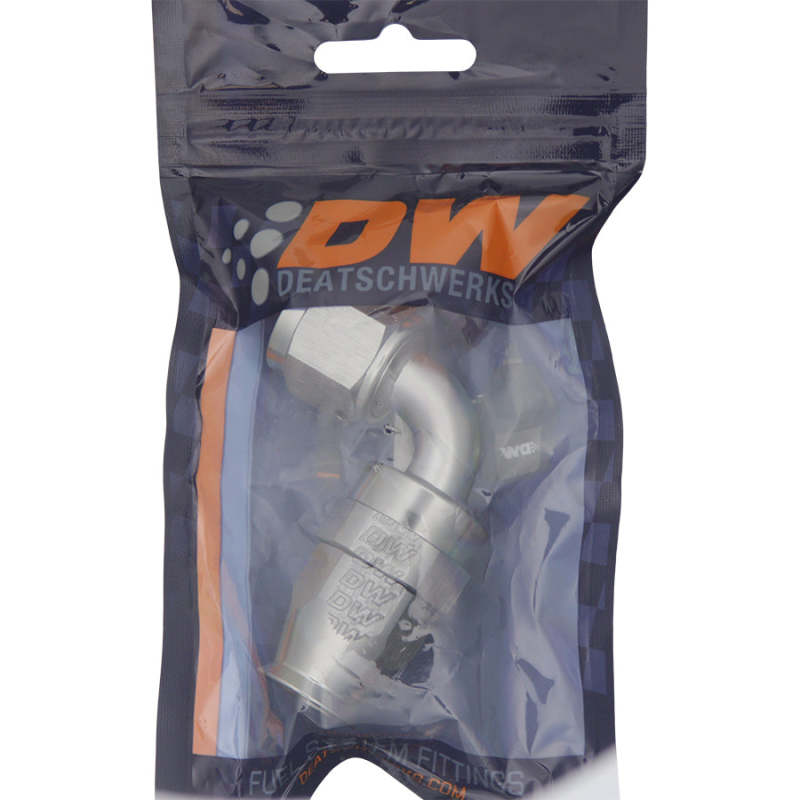 DeatschWerks 8AN female swivel 90-degree hose end fitting with PTFE and olive insert, used for high-performance fuel and oil lines.