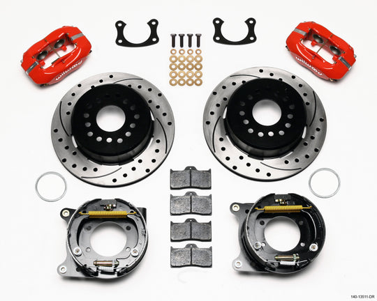 Wilwood Forged Dynalite P/S big brake kit with drilled red calipers, BOP axle, 2.75-inch bearing, and 2.75-inch offset.