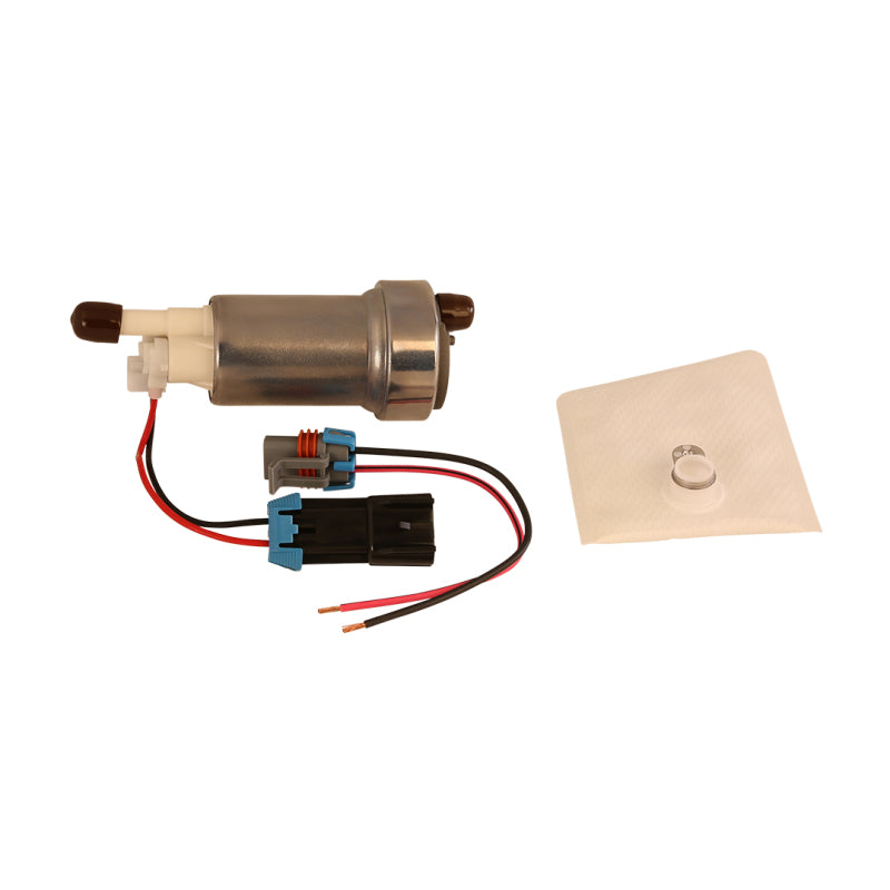 Aeromotive 450lph in-tank fuel pump showing metal construction and wiring for automotive fuel delivery system.