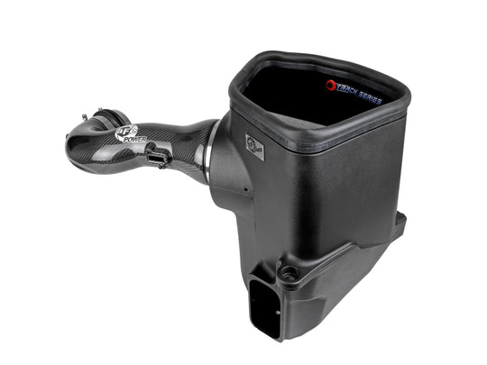 aFe cold air intake system with carbon fiber tubing and Pro Dry S filters for 2019-2021 GM trucks 5.3L and 6.2L engines.