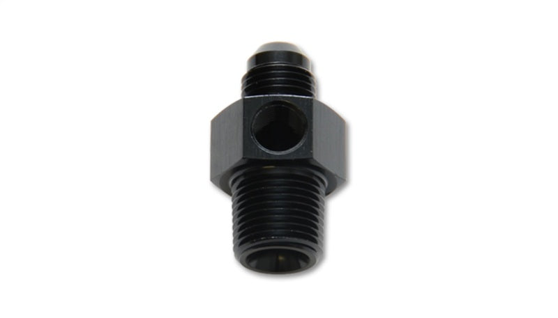 Vibrant -8AN male to 3/8 inch NPT male union adapter fitting with 1/8 inch NPT port, shown in close-up detail.