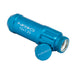 NRG 700 Series M12 x 1.25 steel lug nut set with dust cap covers, locks, and lock socket in blue, displayed on a wheel.