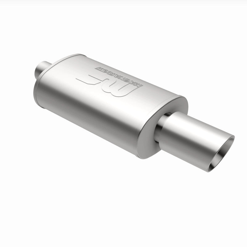 MagnaFlow stainless steel muffler with tip, 14x5x8 inches, featuring dual inlet and outlet pipes for car exhaust system.