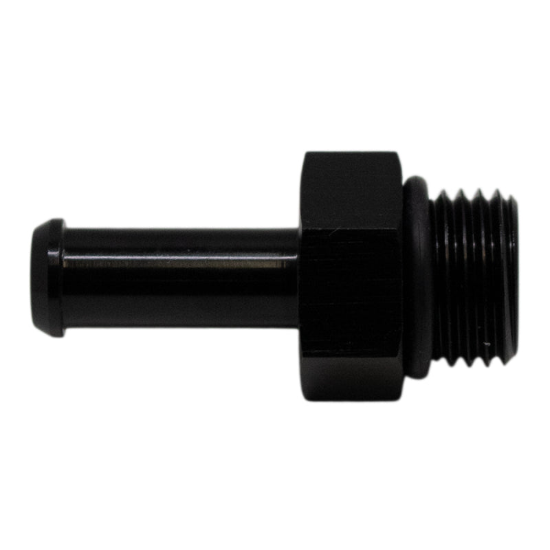 DeatschWerks 6AN ORB male to 5/16 inch barb fitting in anodized matte black with O-ring, used for automotive fuel or oil lines.
