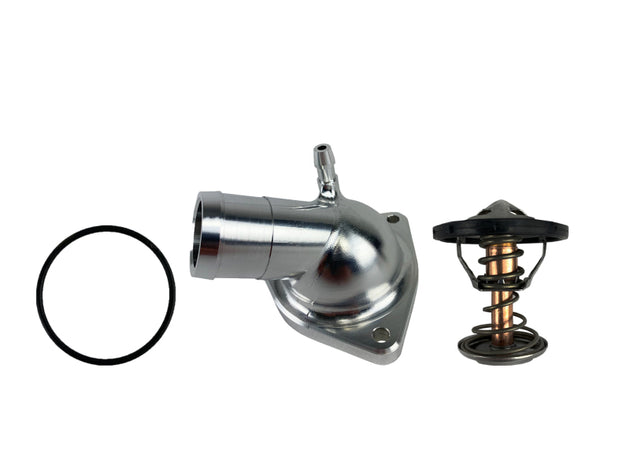 Granatelli Motor Sports billet thermostat housing with 180-degree thermostat for GM 14-20 models, high-performance engine cooling part.