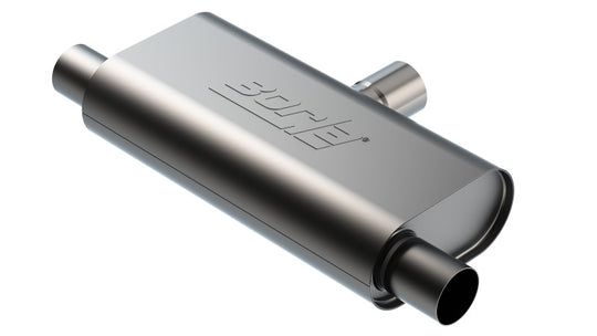 Borla T-Flow universal muffler with 2.5-inch single inlet and dual outlet, 24-inch length, black metal body, automotive exhaust component.