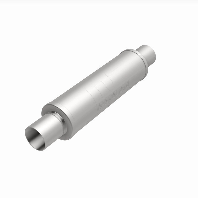 MagnaFlow SS muffler with 14x4x4 inch body and 2.5x2.5 inch inlet and outlet pipes, stainless steel construction, automotive exhaust component