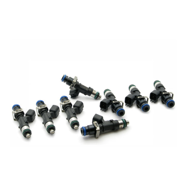 DeatschWerks 95lb/hr fuel injector set for Mustang GT, Corvette LS1, and Firebird 8-cylinder engines, showing eight black fuel injectors.