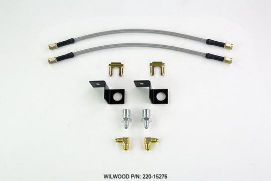 Wilwood 14-inch brake line kit with -3 M10-1.5 fittings and 1/8 NPT 90-degree connector, suitable for vehicle brake systems