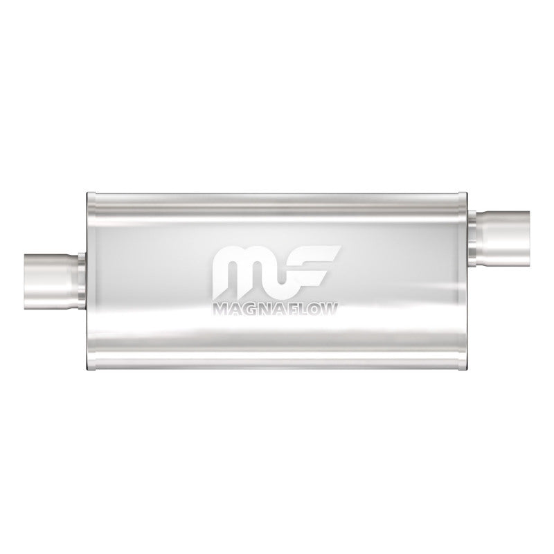 MagnaFlow Mag SS 5X8 14 3/3 O/C muffler showing the stainless steel construction and inlet/outlet pipes.