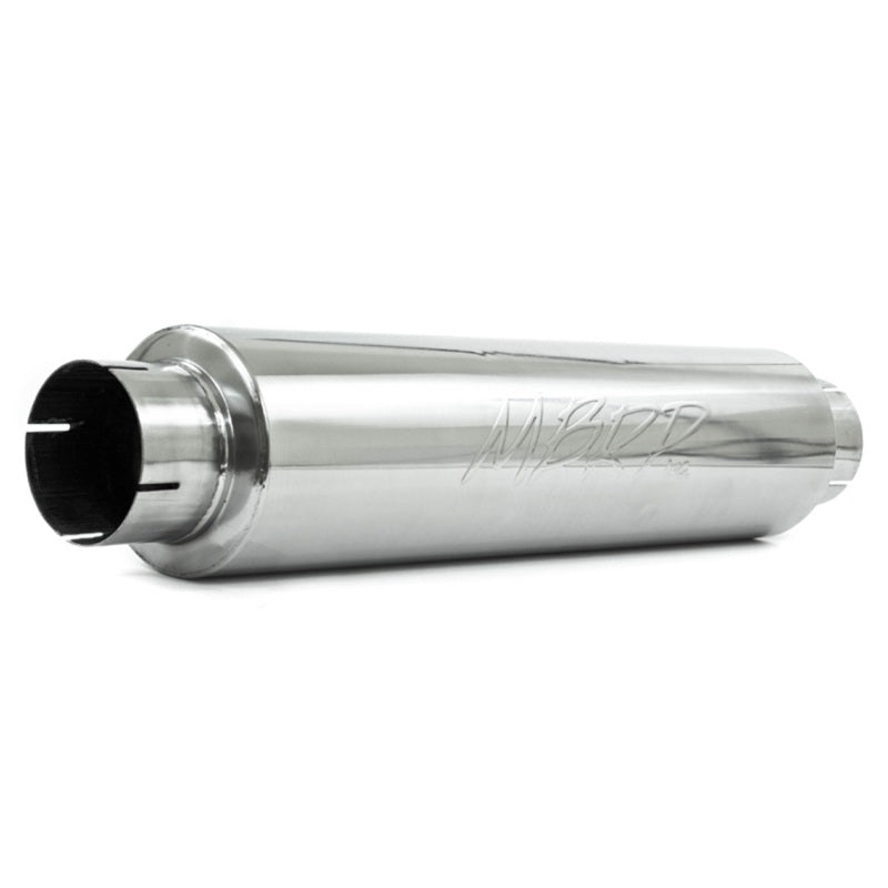 MBRP universal quiet tone muffler with 4-inch inlet and outlet, 24-inch body, 6-inch diameter, 30-inch overall length, T409 stainless steel
