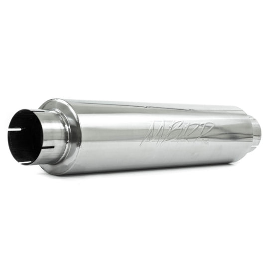 MBRP universal quiet tone muffler with 4-inch inlet and outlet, 24-inch body, 6-inch diameter, 30-inch overall length, T304 stainless steel.