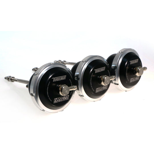 Turbosmart Universal IWG75 Borg Warner B1 120mm black internal wastegate with 14 PSI spring, rod style for turbocharging systems.