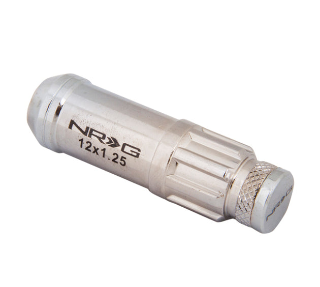 NRG 700 Series M12 X 1.25 steel lug nut set with dust cap covers, locks, and lock socket in silver for vehicle wheels.