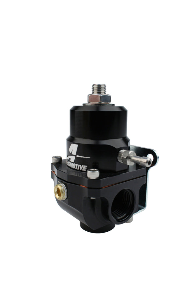 Aeromotive adjustable fuel pressure regulator with 35-75 PSI range, .313 valve, two 08 inlets, and 08 return for automotive fuel systems.
