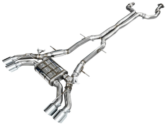 AWE Tuning catback SwitchPath exhaust for 2021+ Cadillac CT4-V Blackwing with chrome silver tips, shown from side angle.