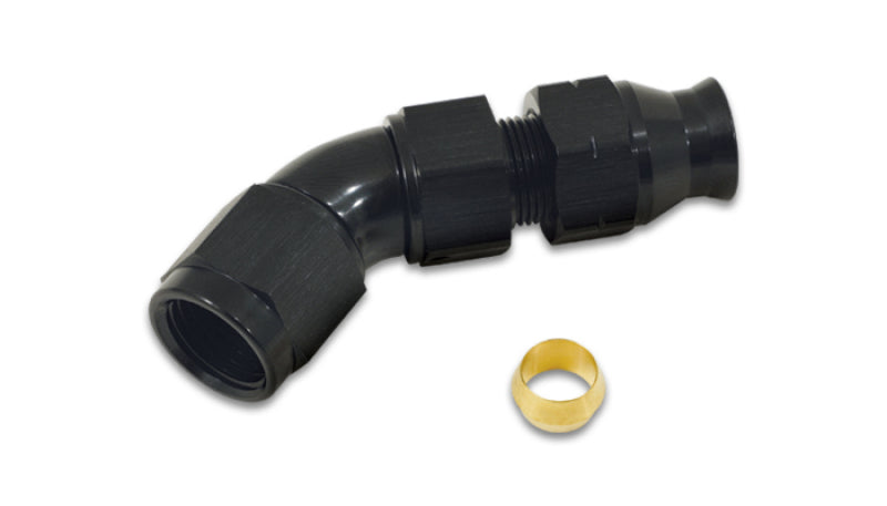 Vibrant 45-degree 3/8-inch tube to female 6AN fitting for automotive or hydraulic fluid connections.