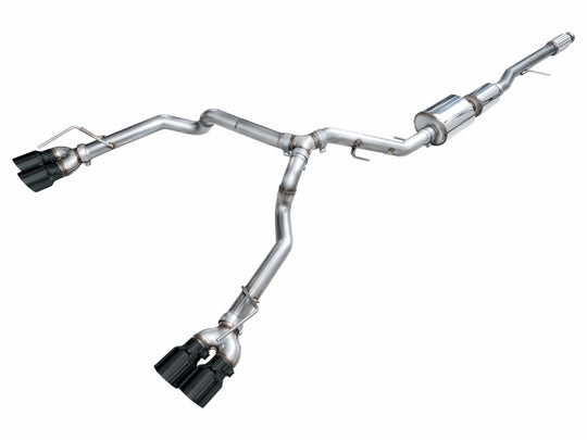 AWE Tuning catback exhaust system for 2021+ GMC Suburban and Yukon XL 5.3L with quad diamond black tips, showing the rear exhaust tips.