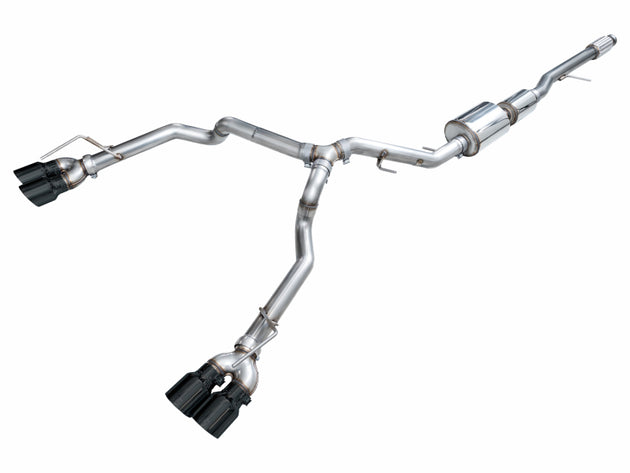 AWE Tuning catback exhaust system for 2021+ GMC Suburban and Yukon XL 5.3L with quad diamond black tips, showing the rear exhaust tips.