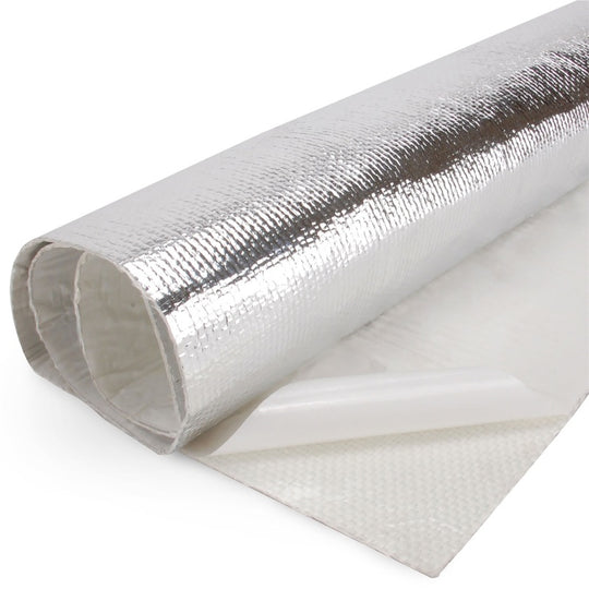 DEI 36x20 inch heat shield with Mylar radiant glass fiber matting and adhesive backing for thermal wrap applications.