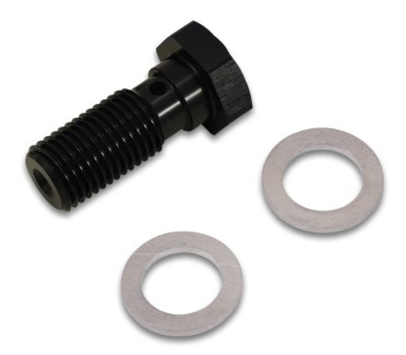 Vibrant 7/16in - 20 banjo bolt fitting with 23mm length, threaded metal fitting for automotive or hydraulic applications.