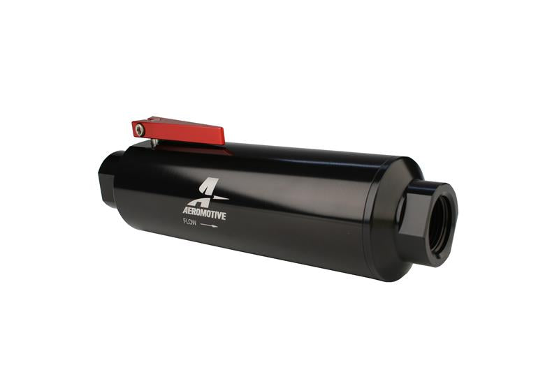 Aeromotive in-line AN-12 fuel filter with shutoff valve, 100 micron stainless steel element, black anodize finish for automotive use