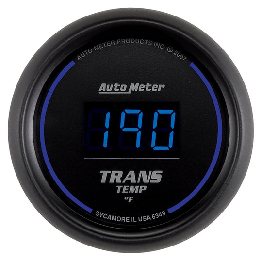 AutoMeter 52.4mm black digital transmission temperature gauge displaying a digital readout on a sleek black gauge face.