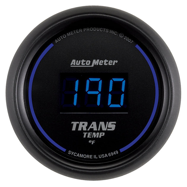 AutoMeter 52.4mm black digital transmission temperature gauge displaying a digital readout on a sleek black gauge face.