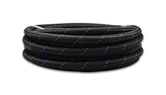 Vibrant -6 AN two-tone black and blue nylon braided flex hose, 5-foot roll, durable automotive or fluid transfer hose.
