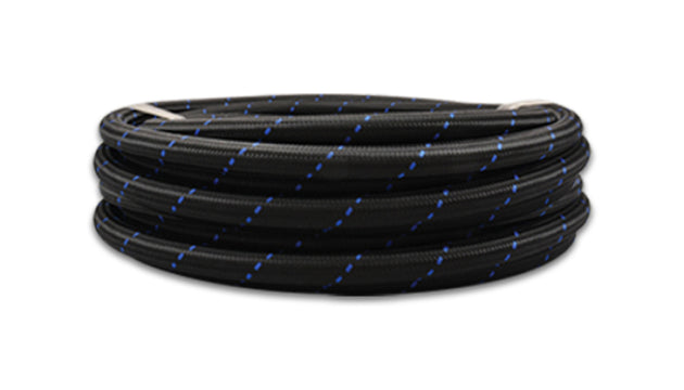 Vibrant -4 AN black and blue nylon braided flex hose, 5-foot roll, durable automotive fluid transfer hose with two-tone design.