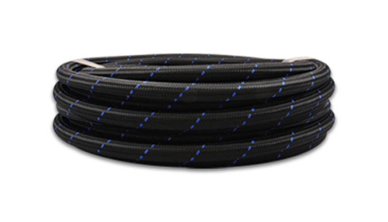 Vibrant -6 AN two-tone black and blue nylon braided flex hose, 20-foot roll, durable automotive fluid transfer hose.