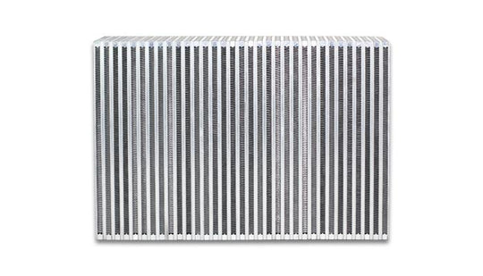 Vibrant vertical flow intercooler core, 12-inch wide, 8-inch high, 3.5-inch thick, with metal fins and end tanks visible.