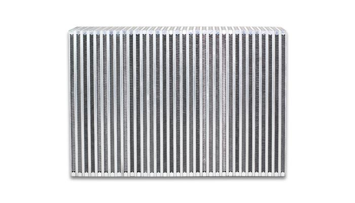 Vibrant vertical flow intercooler core, 12-inch wide, 8-inch high, 3.5-inch thick, with metal fins and end tanks visible.