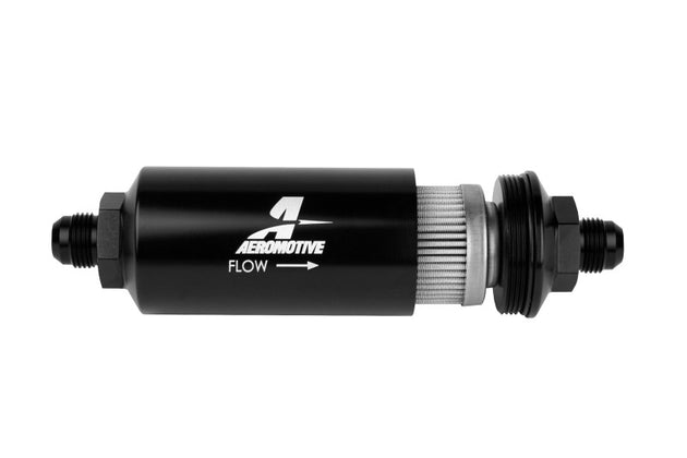 Aeromotive inline fuel filter with AN-08 male fitting and 100 micron stainless steel element, designed for fuel filtration.