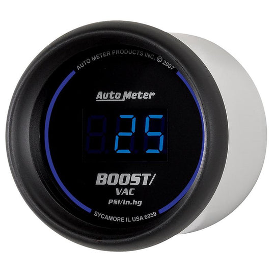 AutoMeter Cobalt Digital 52.4mm black vacuum and boost gauge with digital display and sleek design.