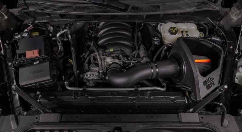 K&N Engineering cold air intake for 2019+ Chevrolet Silverado 1500 V8 5.3L/6.2L NextGen DryFlow filter system installed