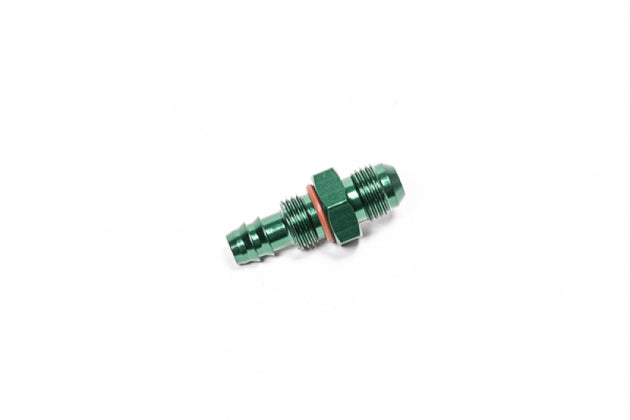 Radium Engineering 6AN ORB fitting with 10mm barb to 6AN male bulkhead fitting for fluid transfer systems.