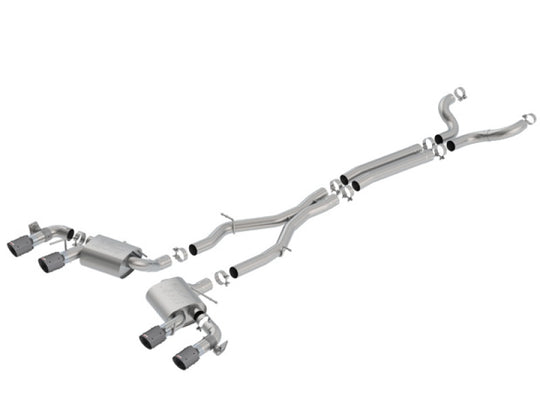 Borla catback exhaust system for 2017-2018 Chevrolet Camaro ZL1 6.2L V8 with dual mode valves, black anodized carbon fiber finish.