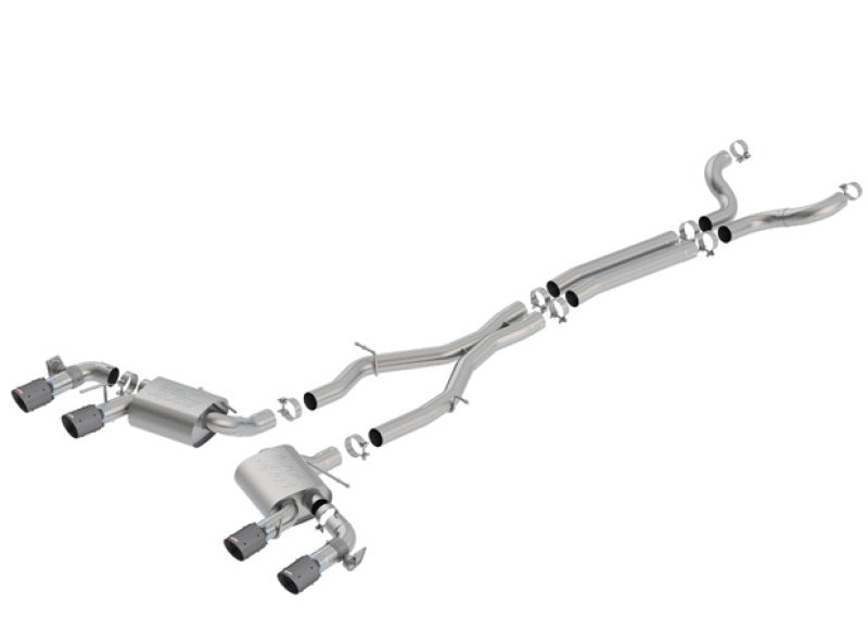 Borla catback exhaust system for 2017-2018 Chevrolet Camaro ZL1 6.2L V8 with dual mode valves, black anodized carbon fiber finish.